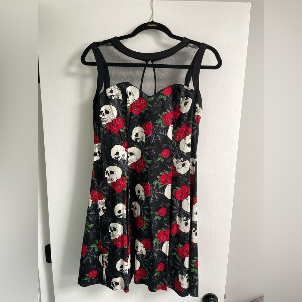 Hell Bunny Black Dress with Skull and Red Rose Print